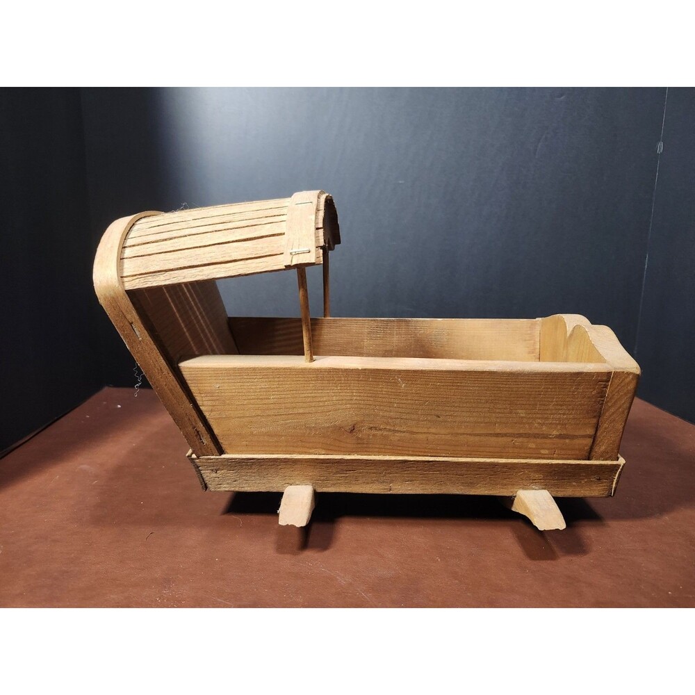 Vintage Brown Wooden Collectible Baby Cradle Primitive Doll Crib